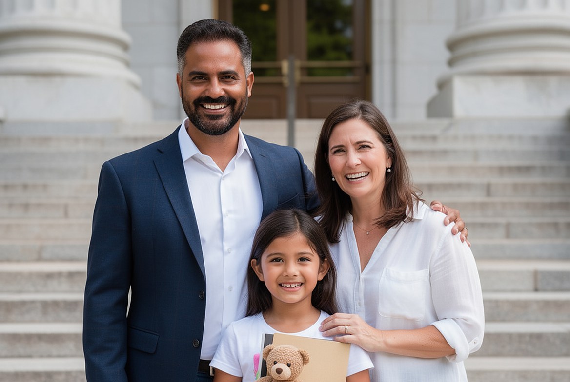 A stepfather, a mother and their daughter on the courthouse steps on adoption day, the girl holding a teddy bear and the decree folder
