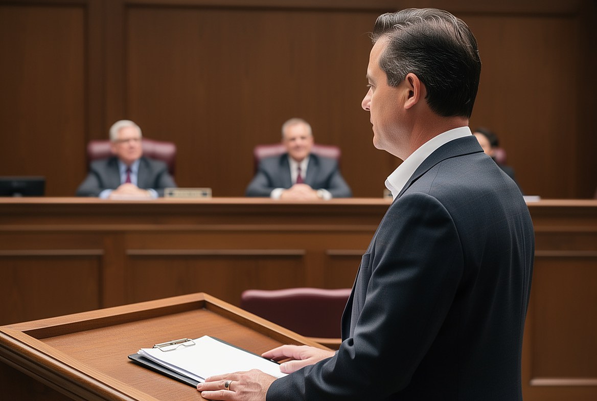 A lawyer at the lectern addressing a panel of appellate judges, a clipboard of notes in front of him