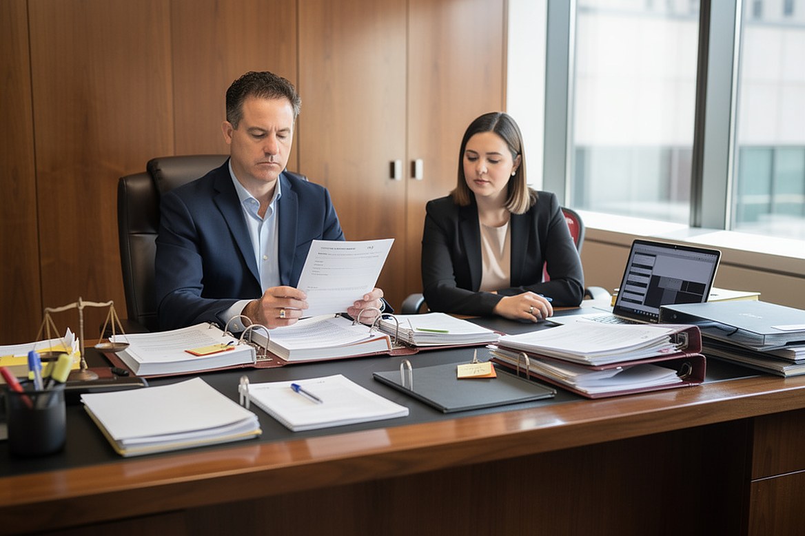 A lawyer at his desk reading a page from the record, binders of transcripts and exhibits open in front of him, an associate beside him