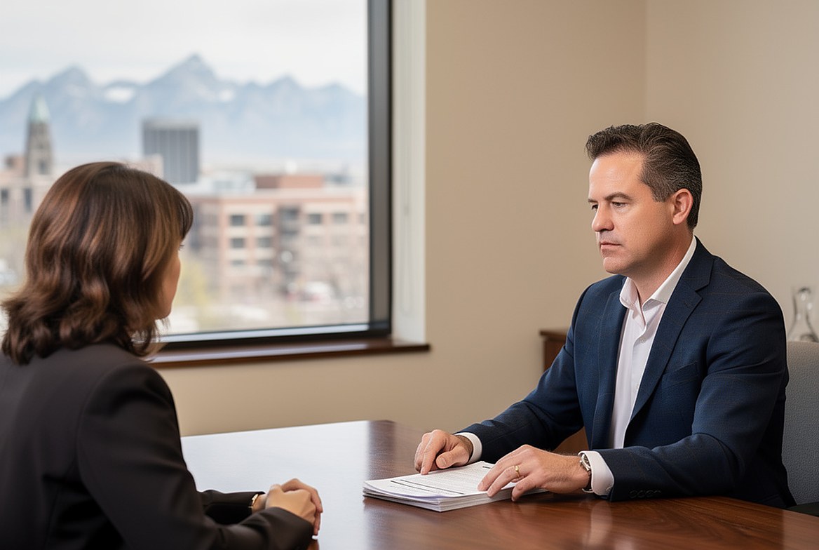 A lawyer and a client at a conference table, the order between them, mountains and the city in the window