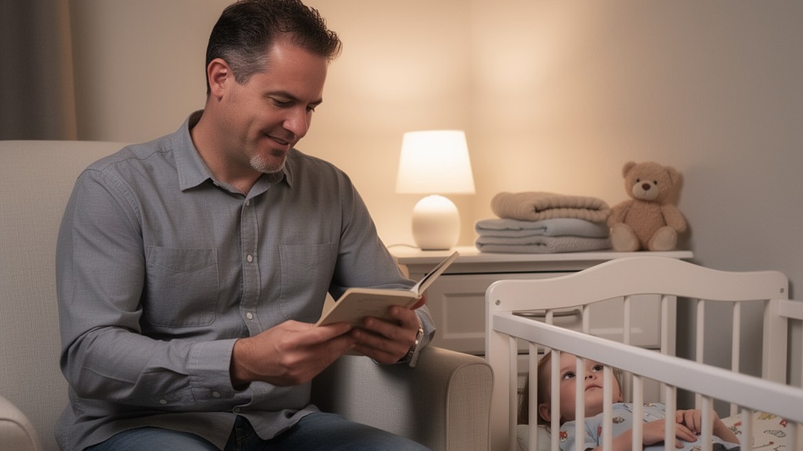 A father reading a picture book beside the crib at bedtime, a night light on, the toddler looking up at him