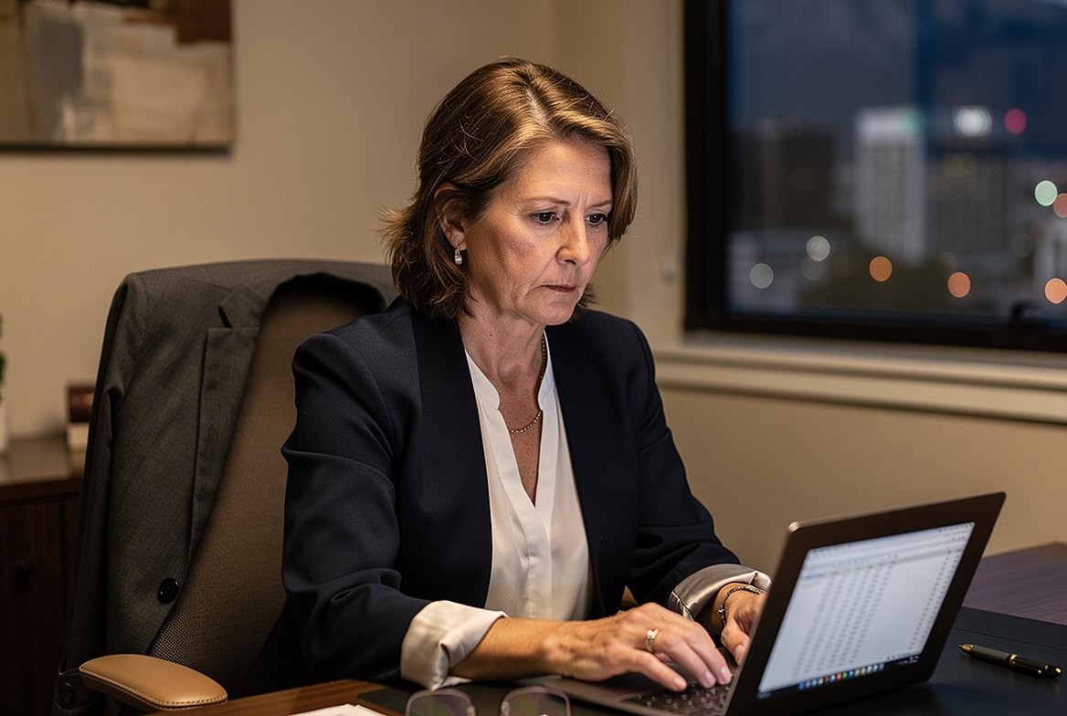 A business owner in her fifties at her desk at dusk, a spreadsheet on the laptop, the mountains and the city lights in the window