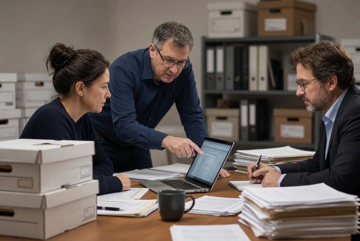 Two people going through boxes of financial records