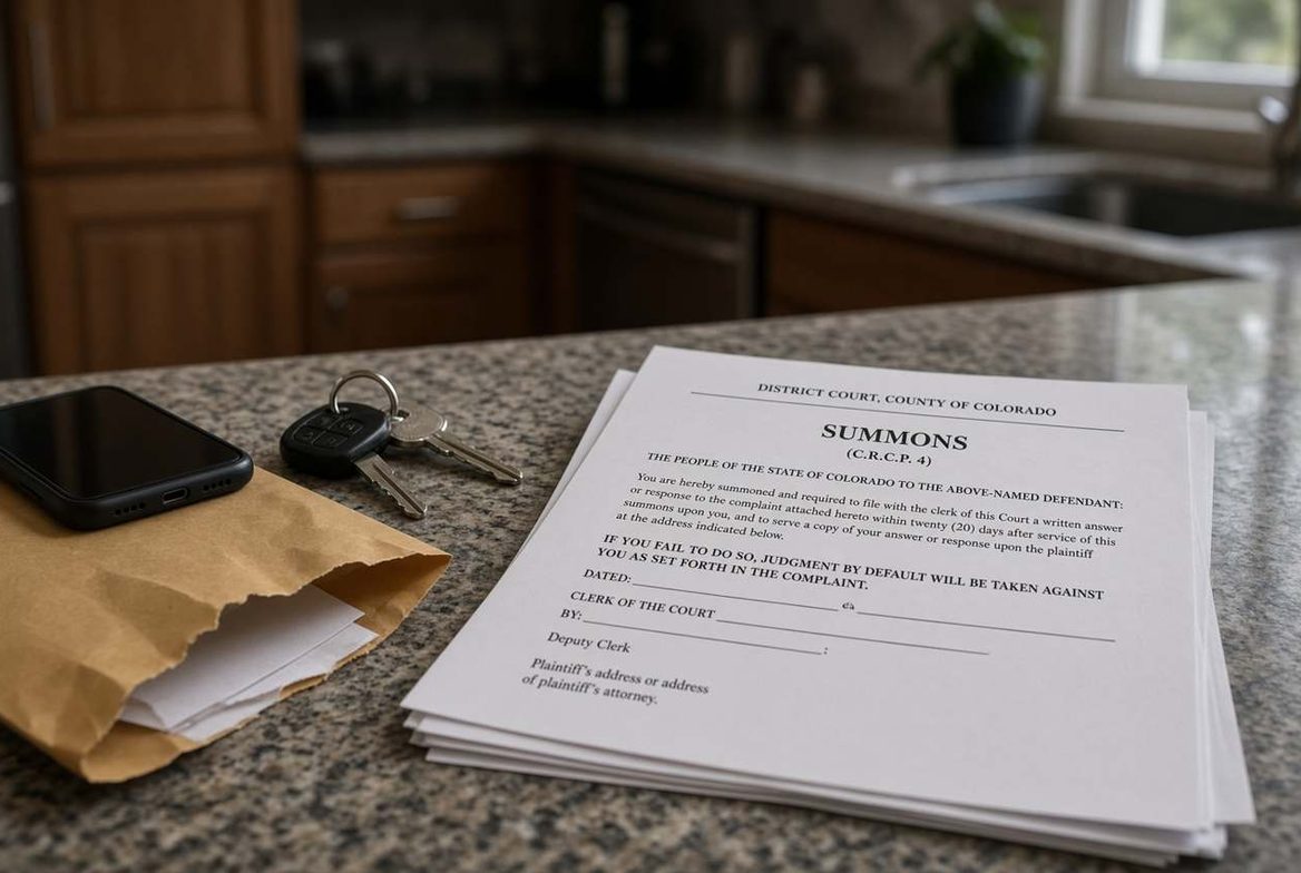 A court summons on a kitchen counter beside a phone, a set of keys and a torn envelope