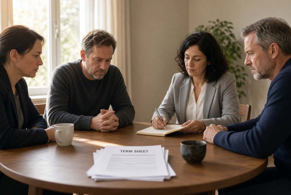 Two spouses and their lawyers at a mediation table
