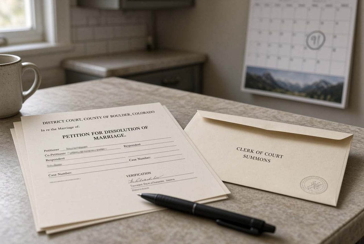 A petition for dissolution of marriage, a pen and a court envelope on a kitchen counter, a wall calendar behind them