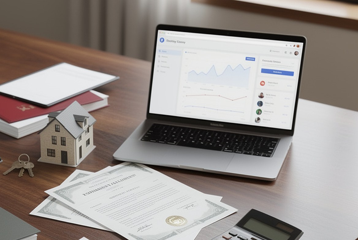A model house, a set of keys, stock certificates, a calculator and a laptop showing a chart on a desk