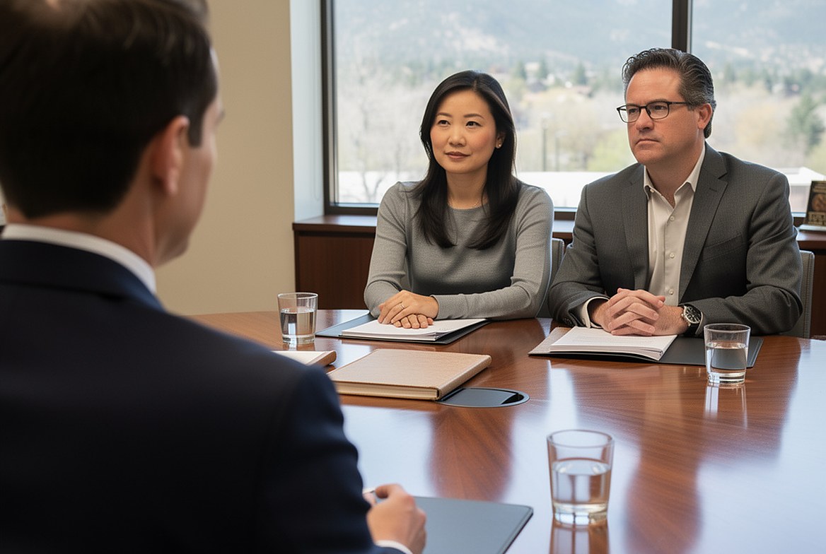 A couple seated side by side across the conference table from the lawyer, a folder in front of each, the mountains in the window