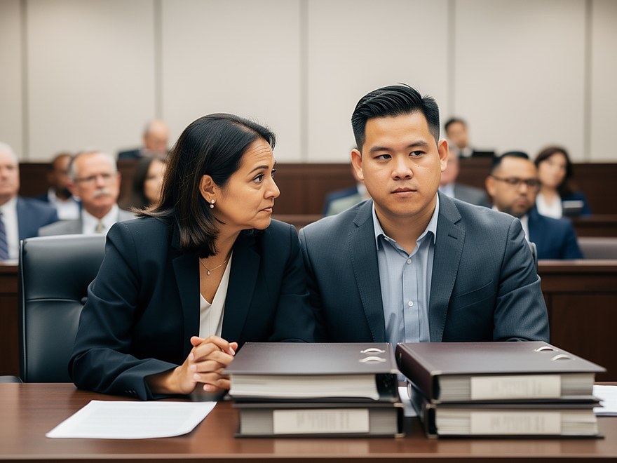 A lawyer and her client at counsel table, the record in binders stacked in front of them, the gallery behind