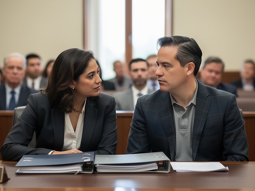 A lawyer conferring with her client at counsel table before the case is called