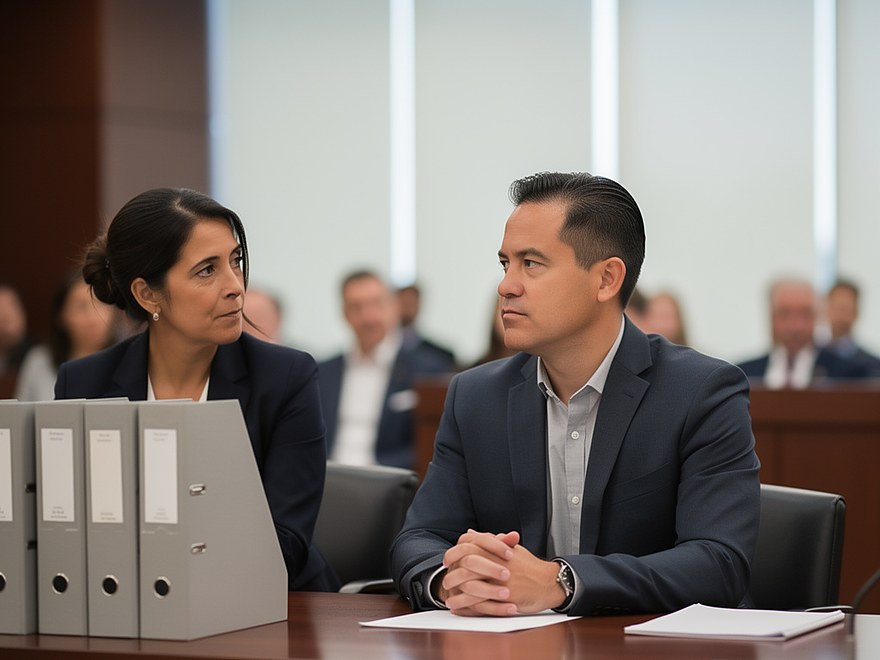 A lawyer and her client at counsel table, a row of binders at the end of the table, waiting for the case to be called