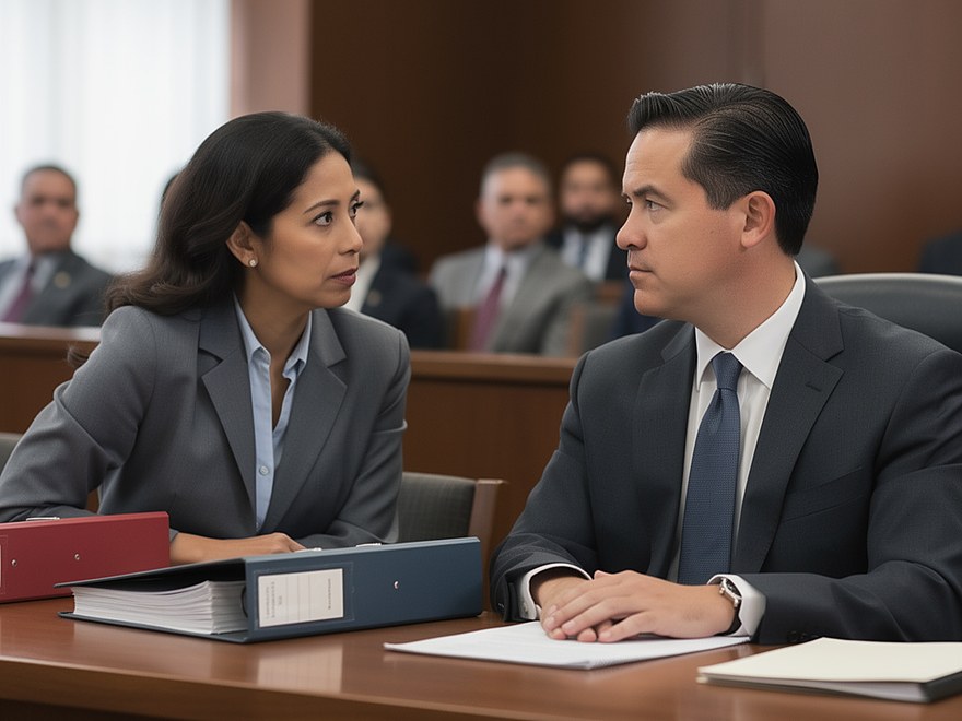 A lawyer and her client at counsel table, two binders between them
