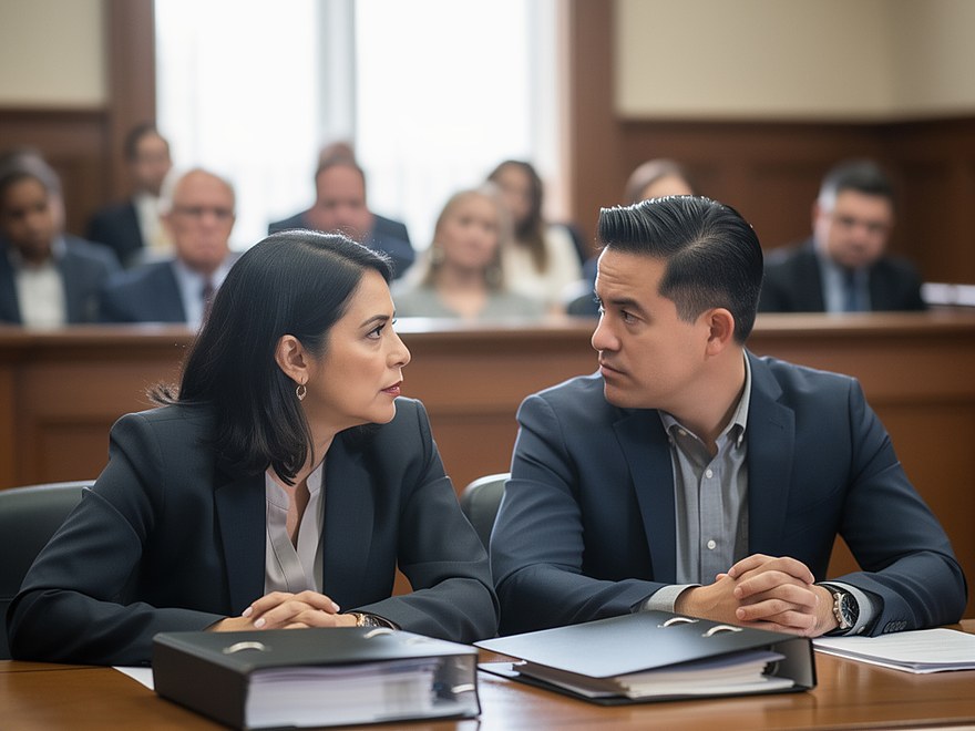 A lawyer and her client at counsel table, the exhibits in two binders, the gallery behind
