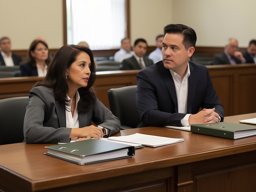 A lawyer and her client at counsel table, the case file open between them