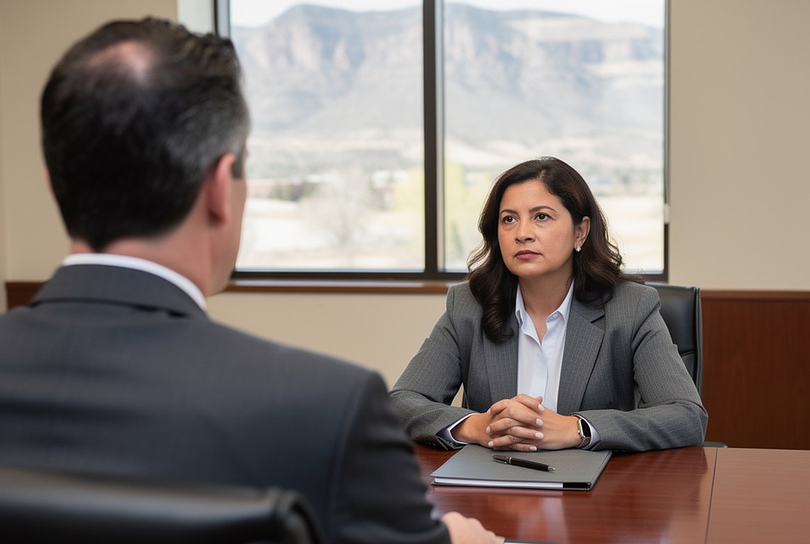 Across a conference table from her lawyer, a woman listens, a closed folder in front of her, the foothills in the window