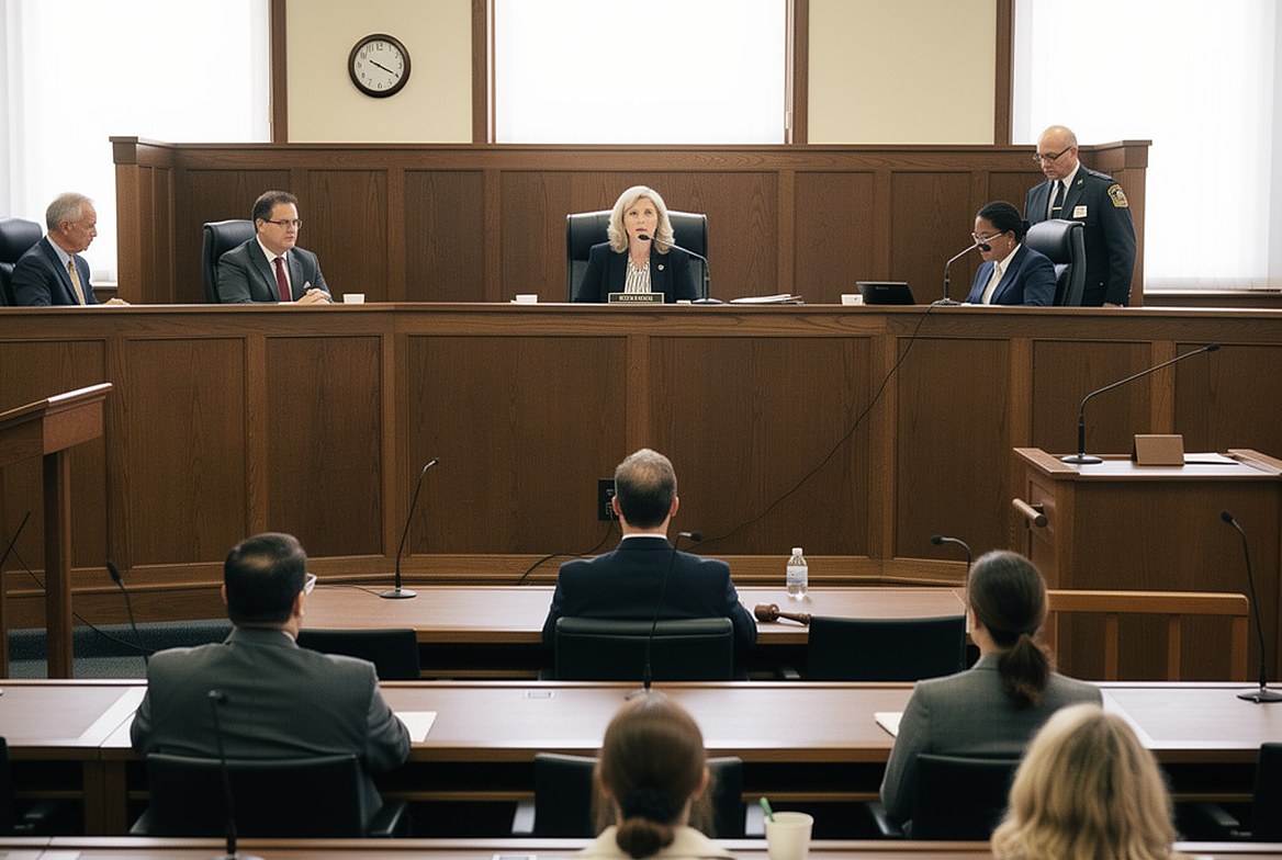 A Colorado district courtroom from the gallery: the judge on the bench, the clerk and the bailiff beside her, both counsel tables occupied