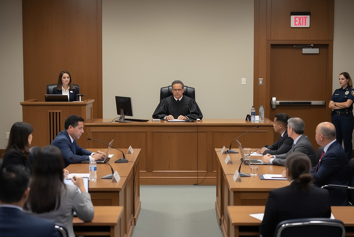 A district courtroom from the back row: the judge on the bench, the clerk at her station, a bailiff by the door, both counsel tables at work
