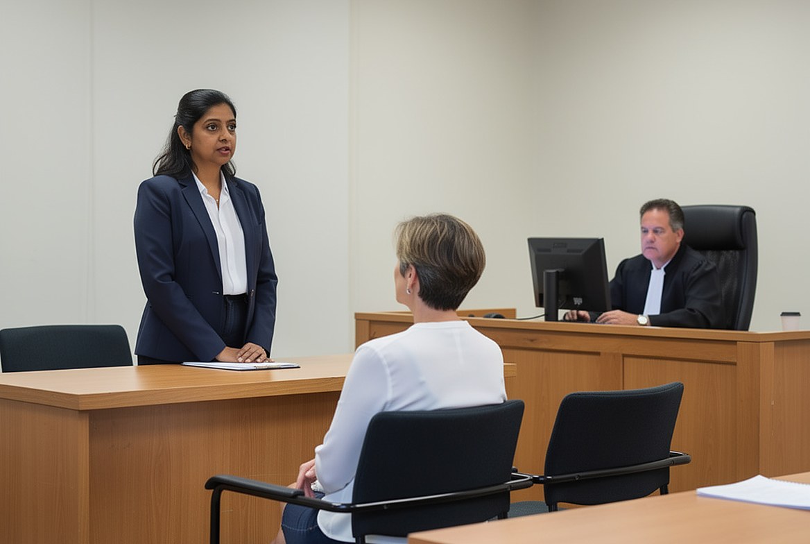 A magistrate&rsquo;s courtroom: a lawyer standing to address the bench, her client seated beside her