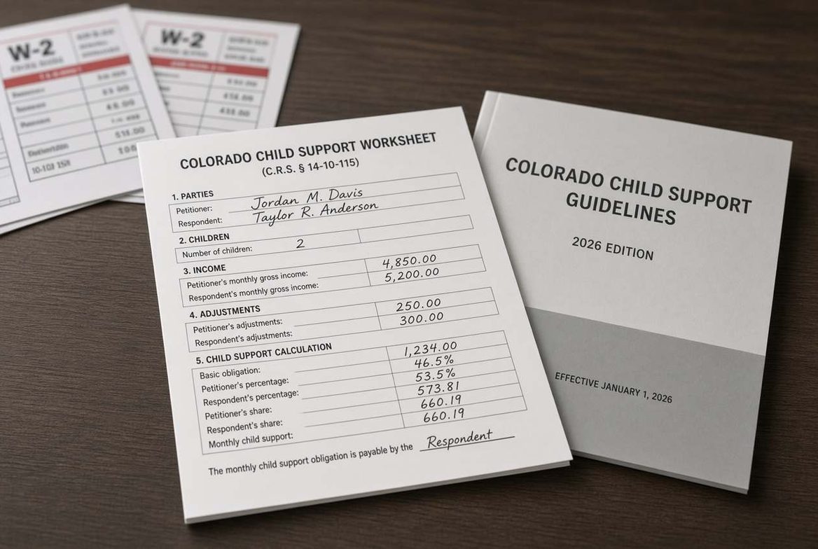 A child support worksheet with a pen and calculator