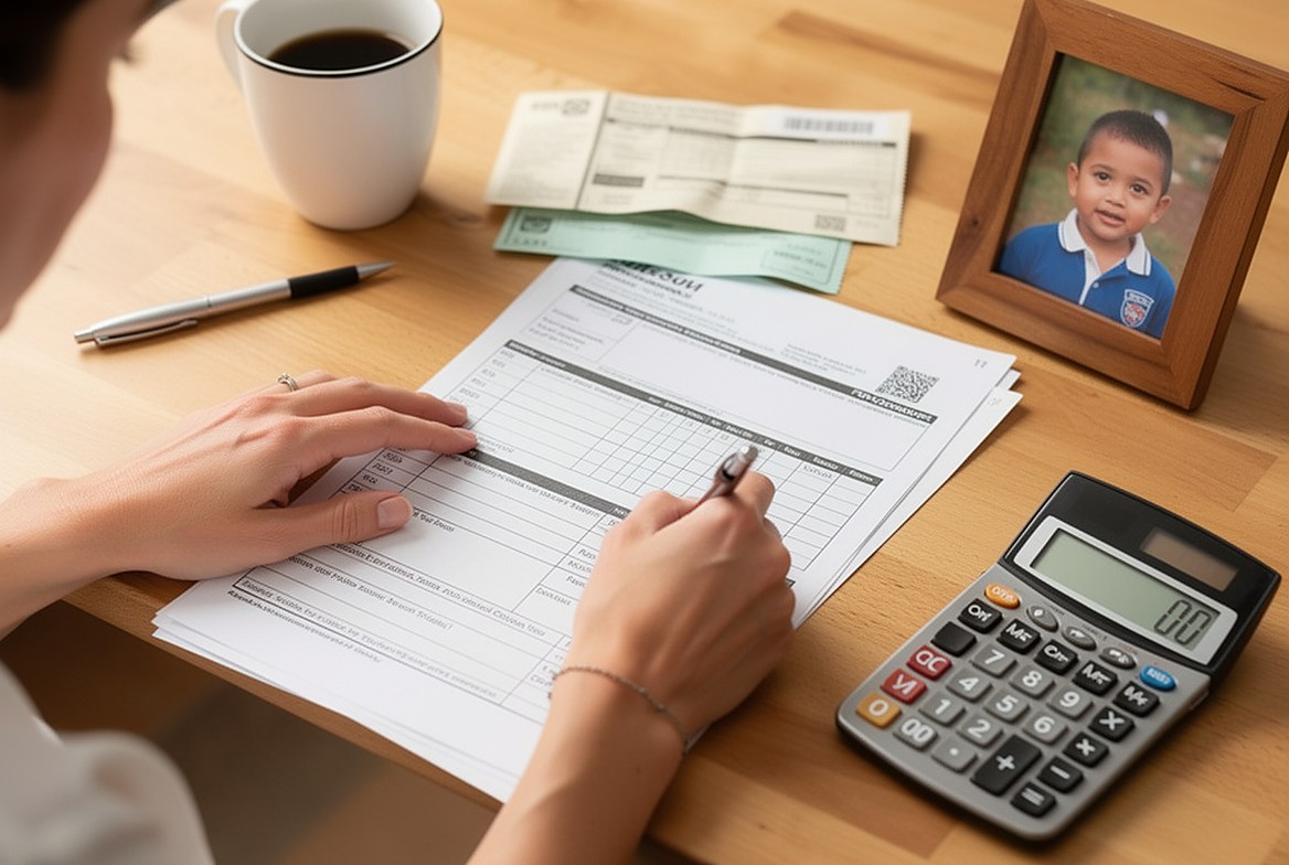A mother at the kitchen table working through the child support worksheet with a pay stub, a calculator and a coffee, her son&rsquo;s school photo beside her