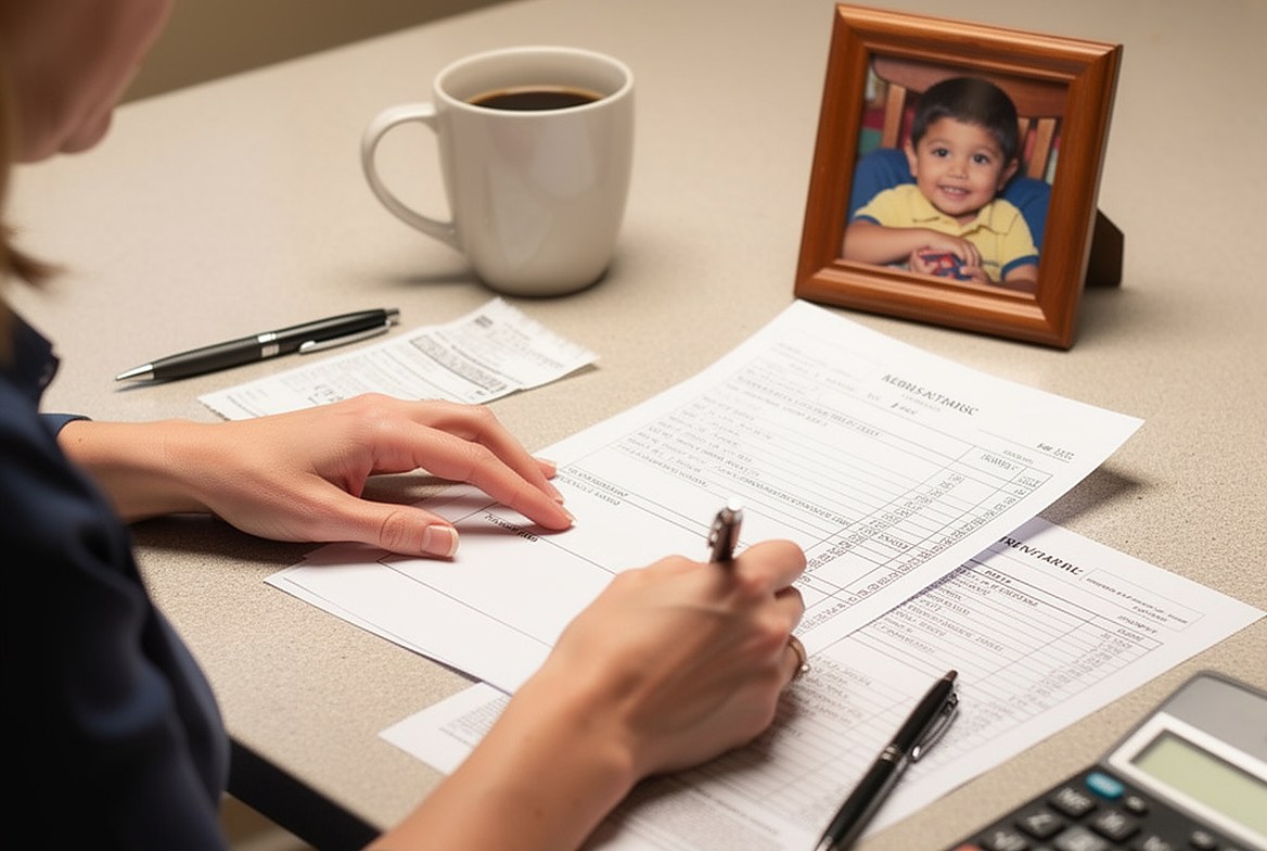 A mother at the kitchen counter with the child support worksheet, a pay stub, a calculator and her son&rsquo;s photo
