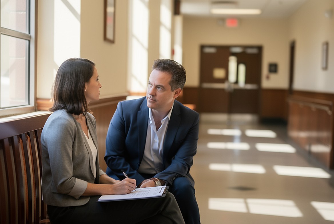 A lawyer and his client on a bench in a courthouse hallway, the complaint on a clipboard in her lap