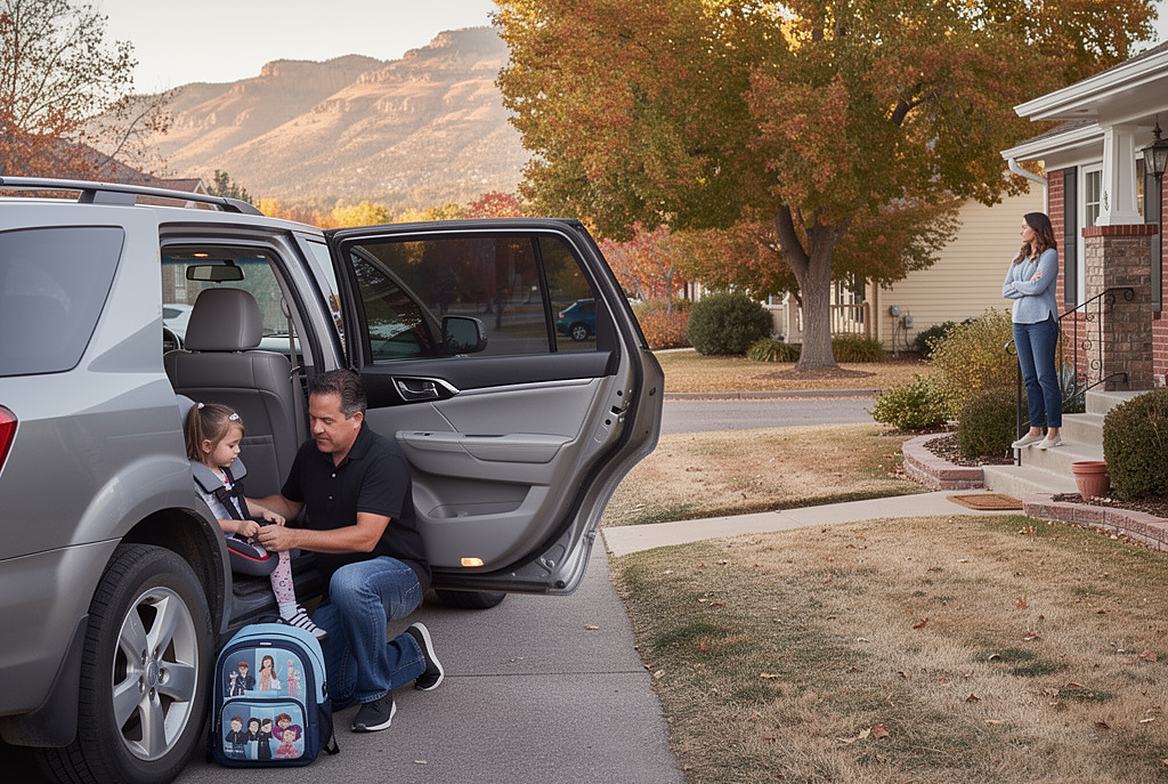 A father buckling his daughter into her booster seat in the driveway while her mother watches from the porch steps