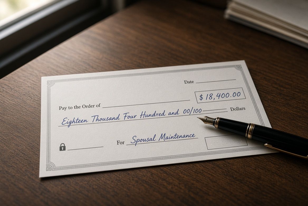 A spousal maintenance check for $18,400 with a fountain pen resting on it