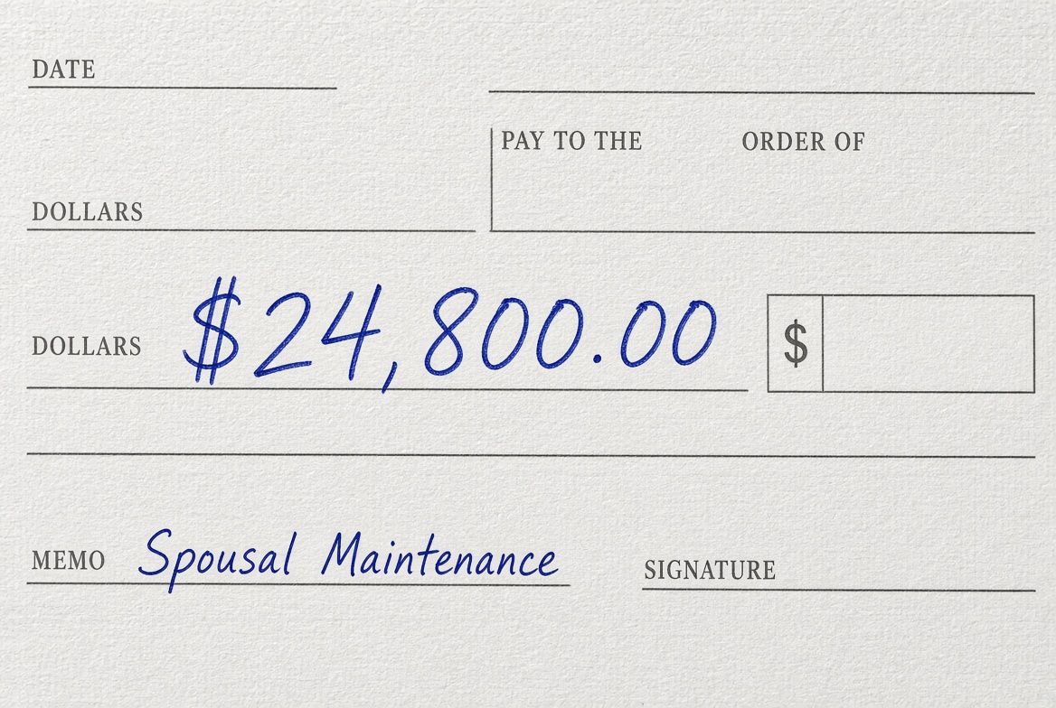 An unsigned check for $24,800.00 with spousal maintenance written on the memo line