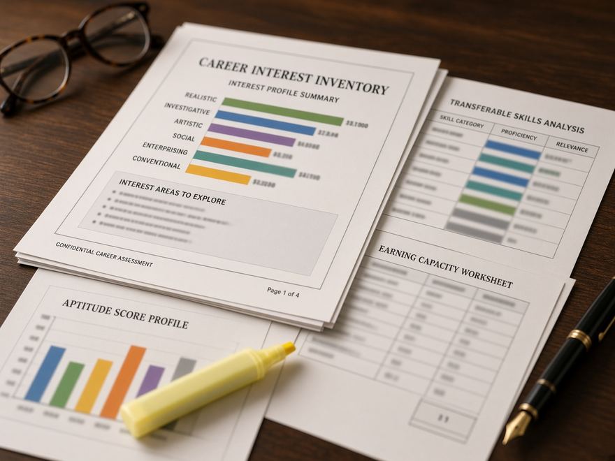 Pages of a vocational report: career interest inventory, aptitude score profile, earning capacity worksheet