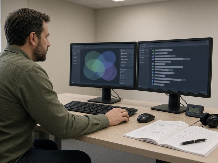 An analyst reviewing labor market data on two monitors