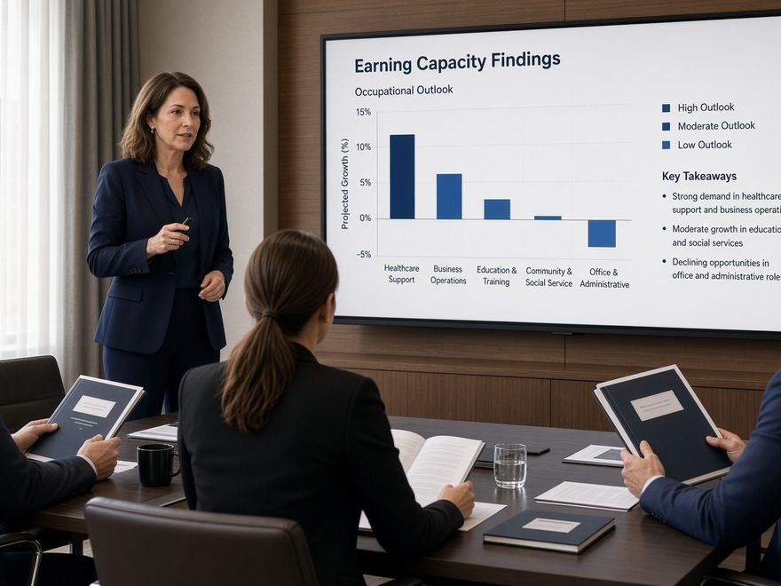 A vocational expert presenting earning capacity findings to a conference room