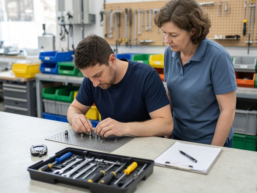 A hands-on aptitude test at a workbench, timed by an evaluator