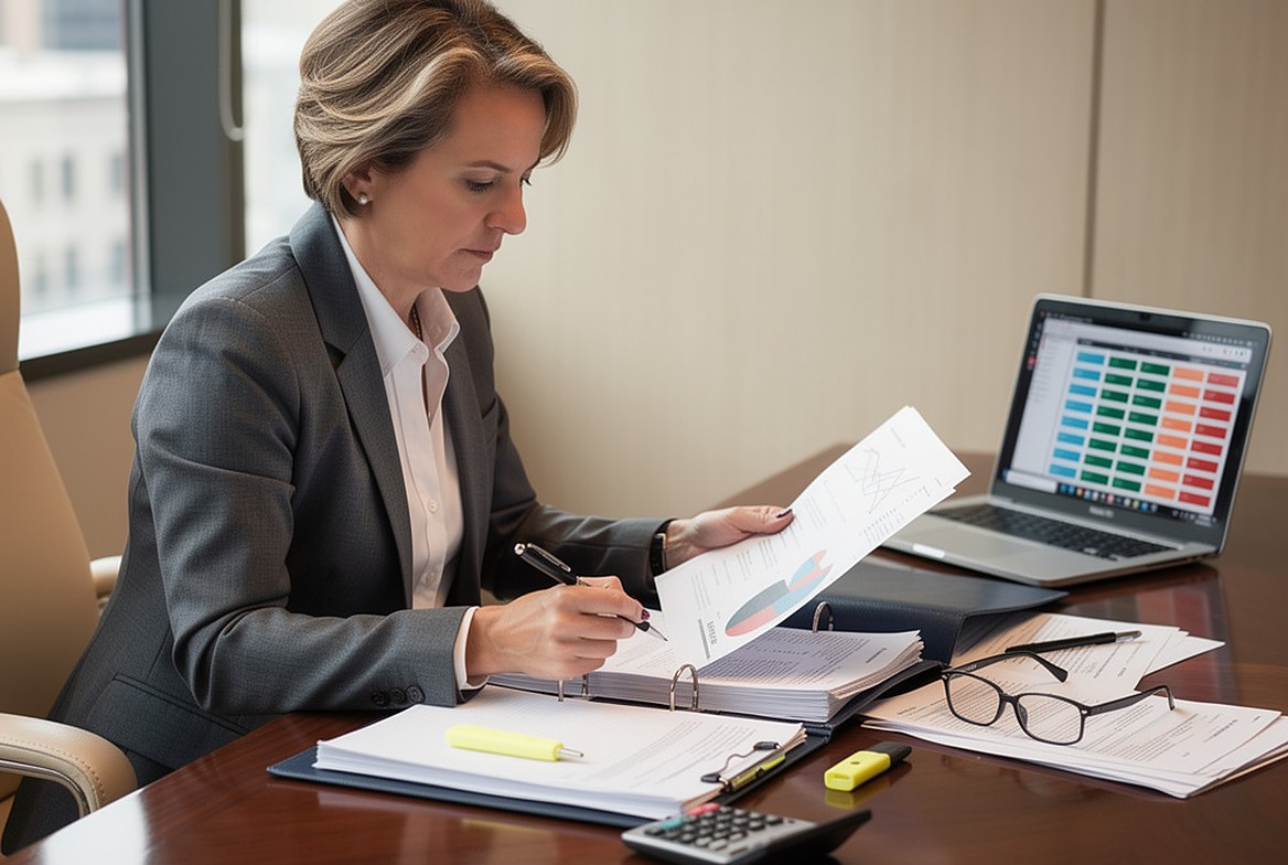 A forensic accountant at a conference-room desk reading a schedule from an open binder, a highlighter and calculator beside her, the spreadsheet on her laptop