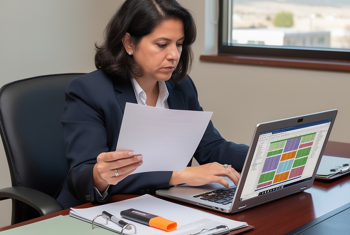 A forensic accountant reading a schedule at her desk, the spreadsheet in colored cells on her laptop, a binder and a highlighter beside it