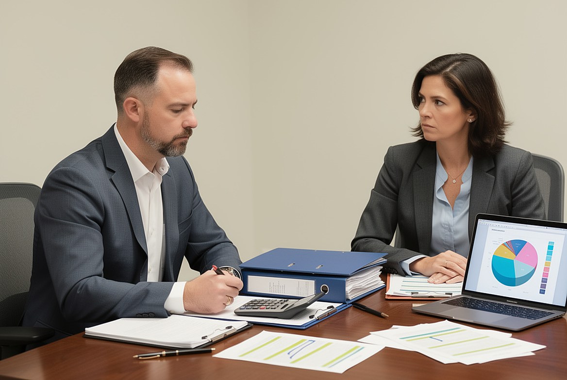 A lawyer and a forensic accountant at a conference table, the binders and a calculator between them, the analysis on her laptop