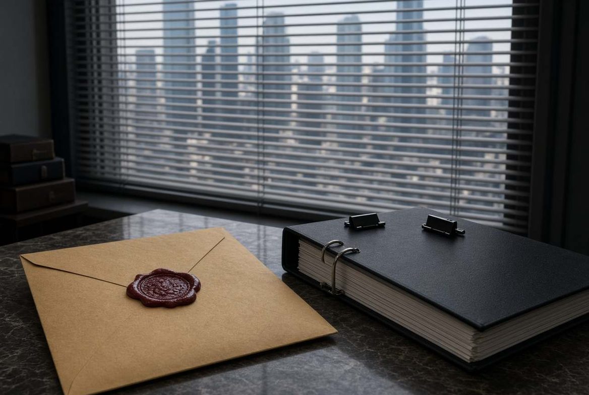 A sealed envelope and a passport-sized folder on a desk, a city skyline outside