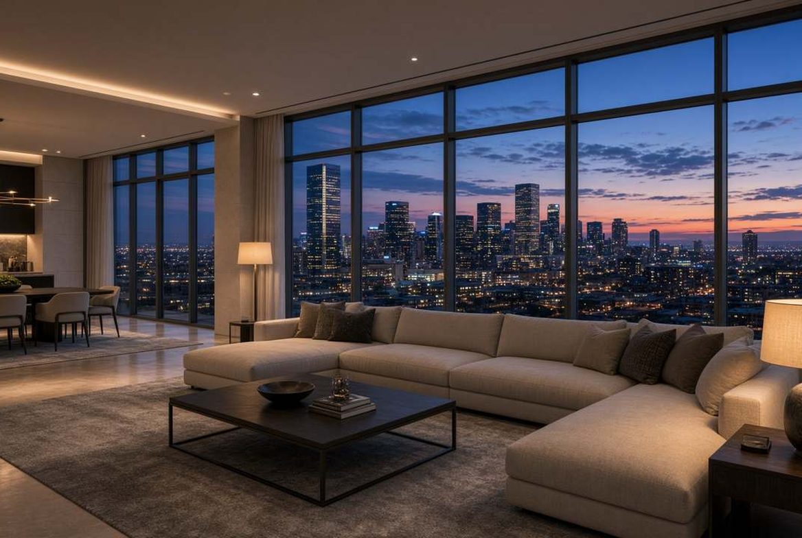 A high-rise residence at dusk with the city skyline in the window