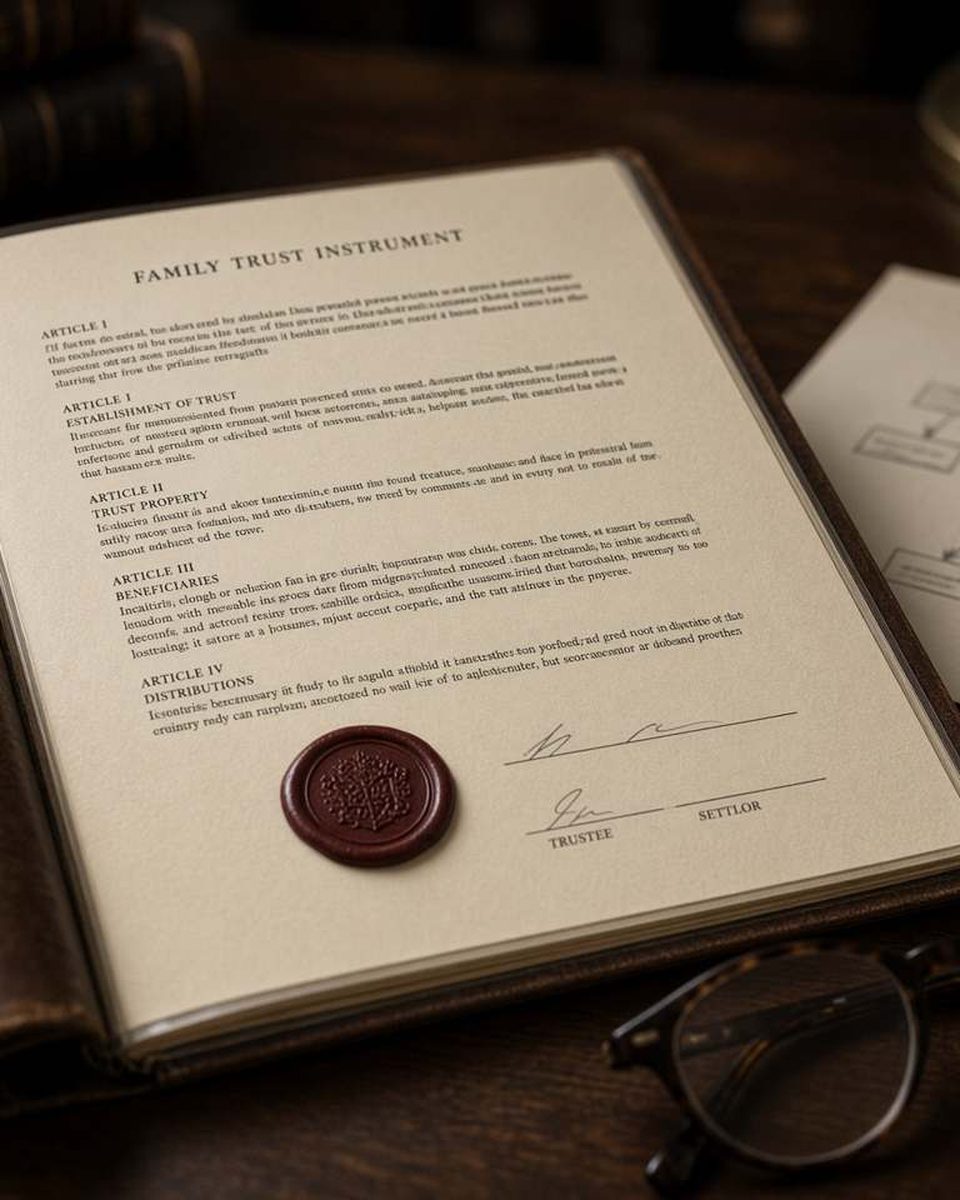 A leather-bound family trust instrument