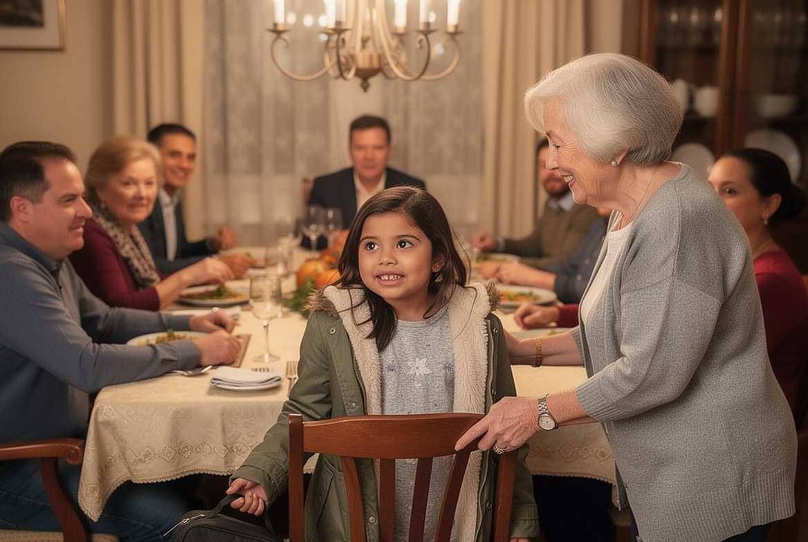 A girl in her winter coat arriving at the Thanksgiving table, her grandmother pulling out her chair, the family already seated