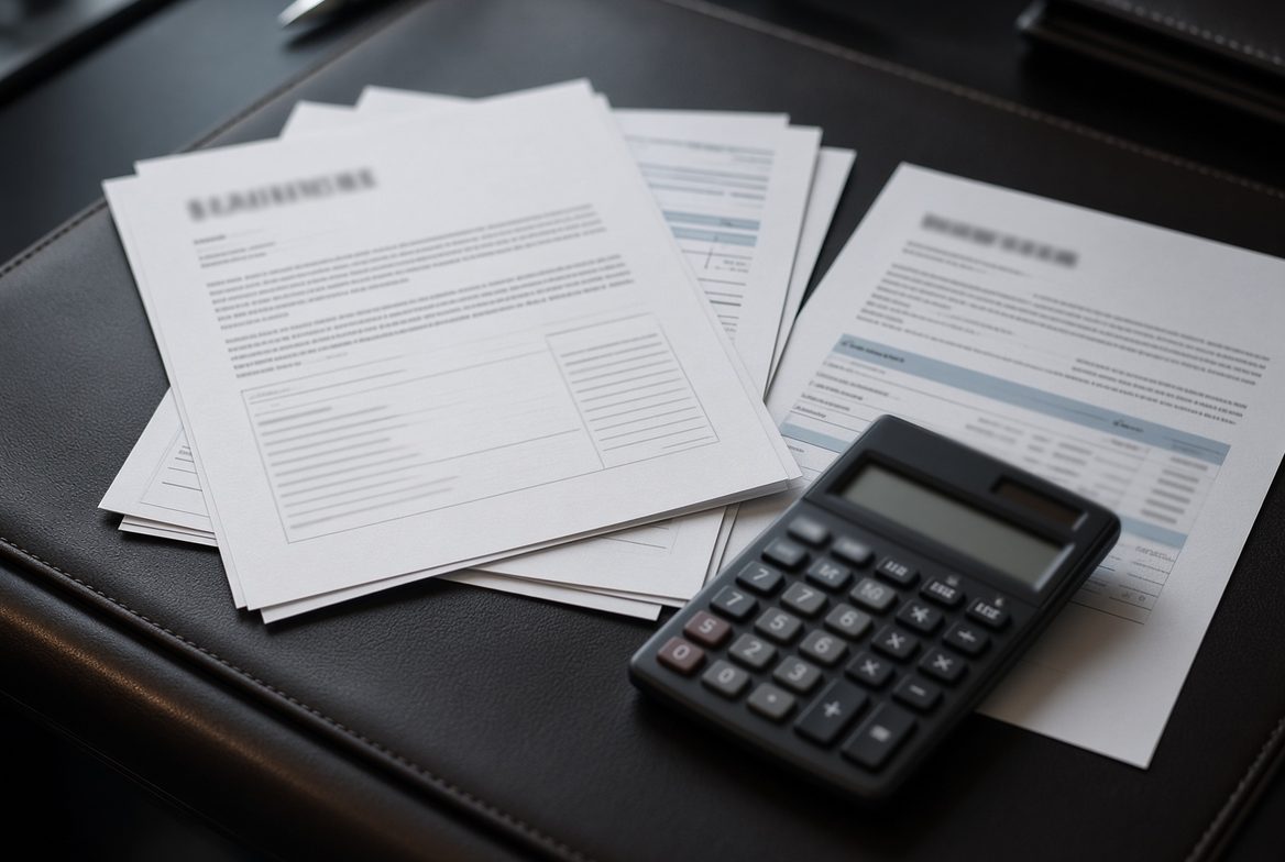 Financial statements, schedules and a calculator on a leather desk pad