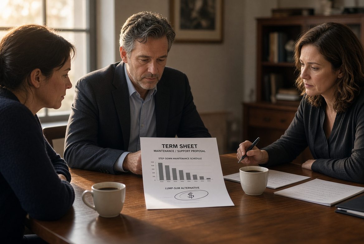 A couple at a table with a lawyer and a term sheet