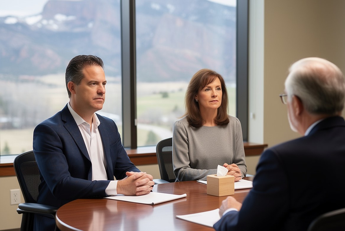 A couple seated side by side at a round table, the mediator across from them with his back to the camera, a legal pad in front of each and the foothills in the window