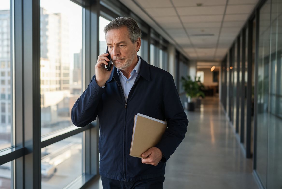 An executive on the phone in an office corridor