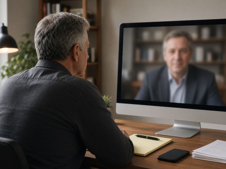 A lawyer reviewing documents on a video call
