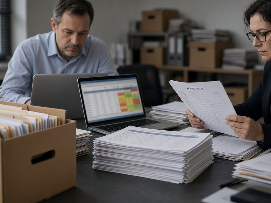 Two people going through a box of financial records