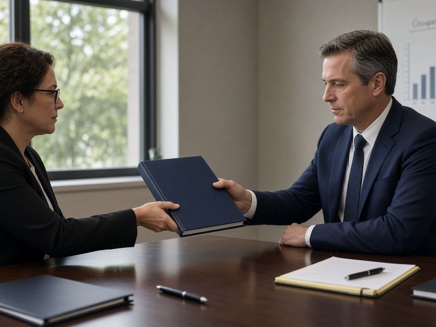 A folder handed across a conference table