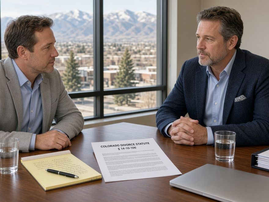 Two men at a conference table, mountains outside
