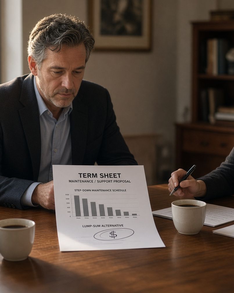 A man at a table reviewing a maintenance term sheet with a step-down schedule and a lump-sum alternative