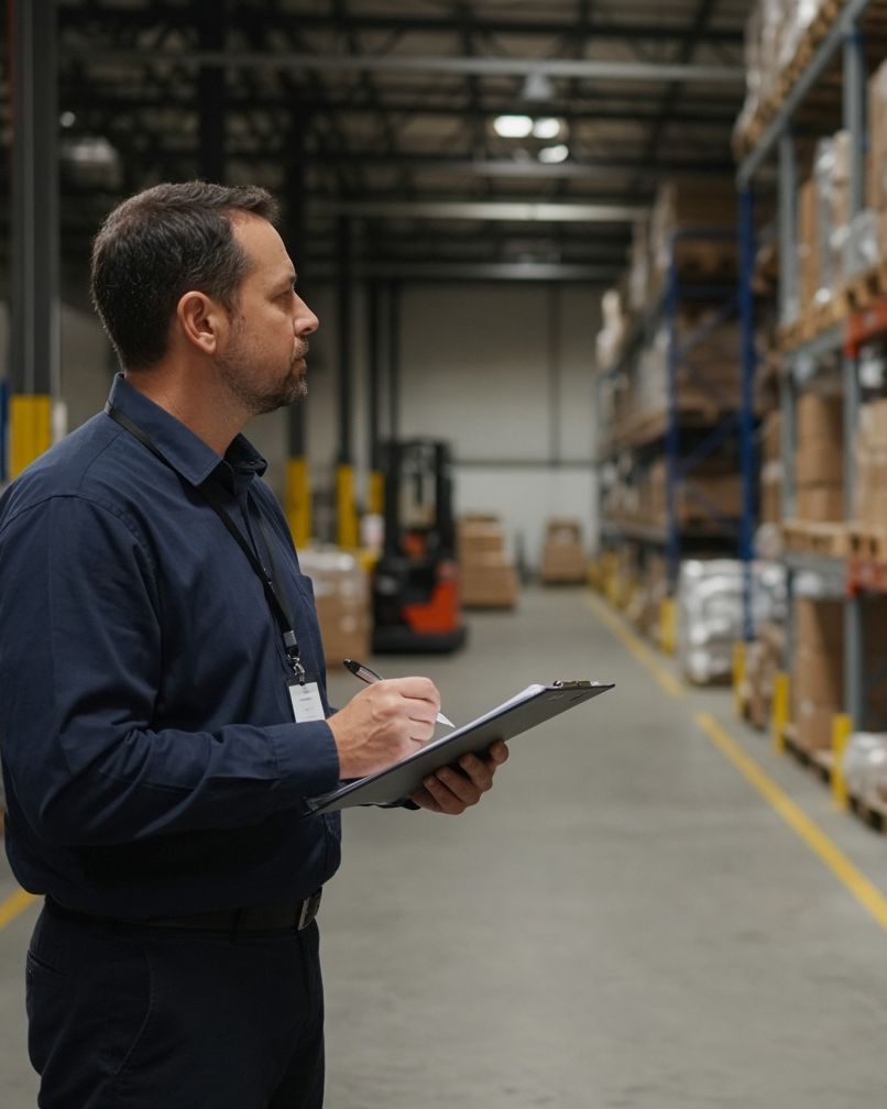 A manager with a tablet on a warehouse floor